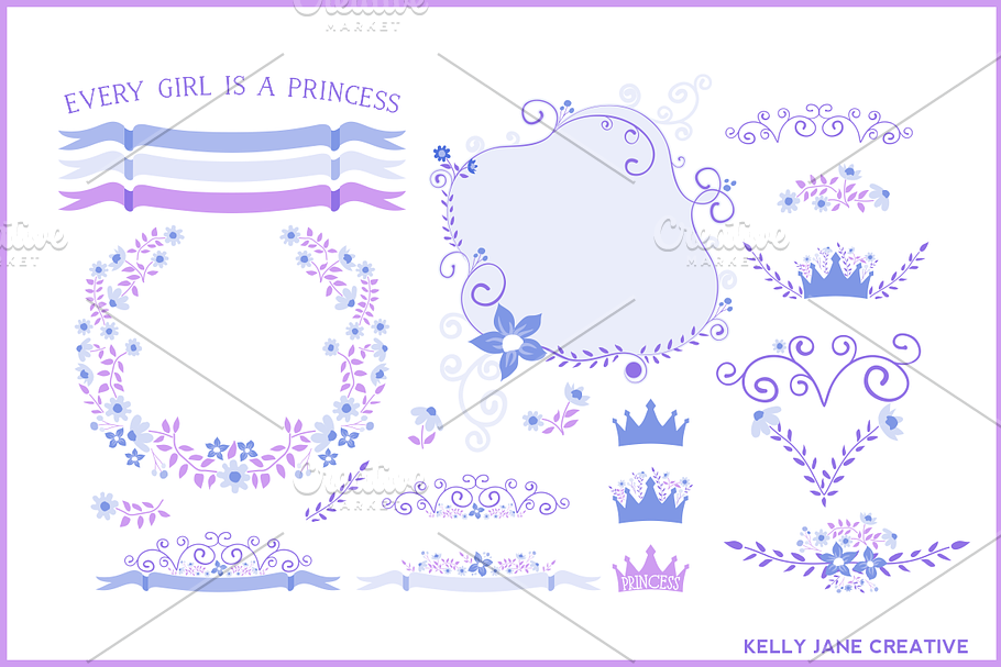 Blue & Orchid Floral Wreaths Vector