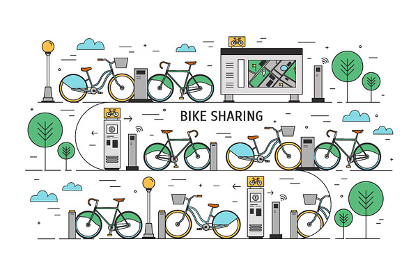 Bike sharing line art concept