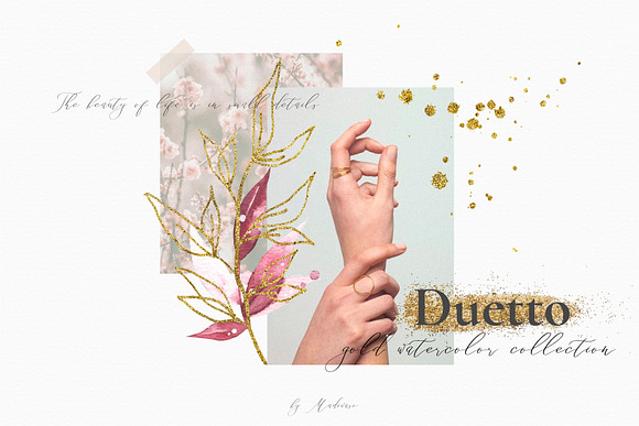 Duetto - gold watercolor leaf set in Illustrations - product preview 10