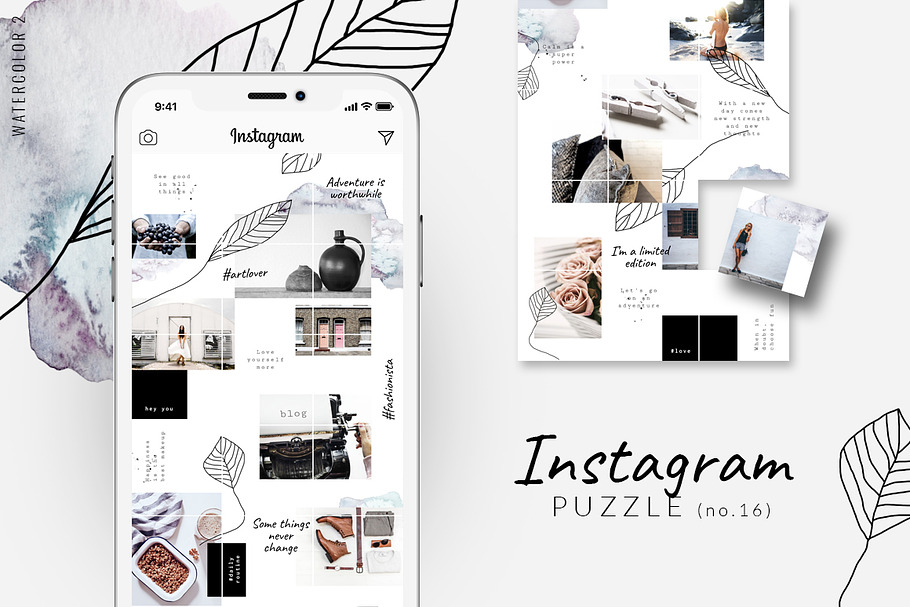 Instagram PUZZLE templ.-Watercolor 2 in Instagram Templates - product preview 8