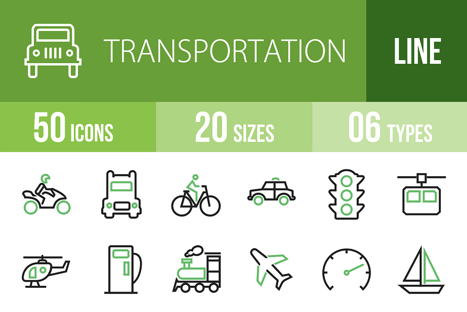 50 Transport Line Green& Black Icons