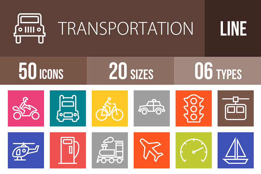 50 Transport Line Multicolor Icons