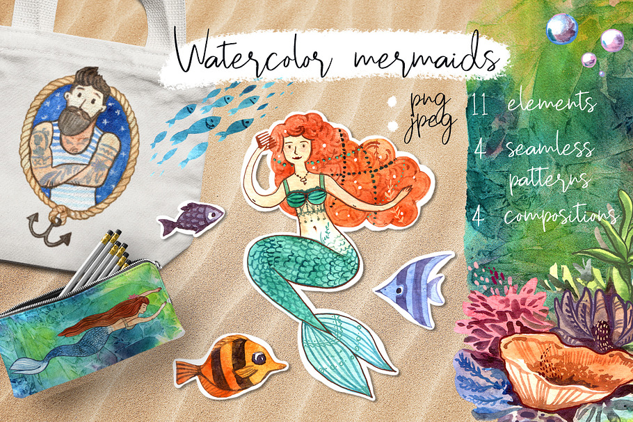 Watercolor mermaids in Illustrations - product preview 8