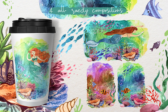 Watercolor mermaids in Illustrations - product preview 2