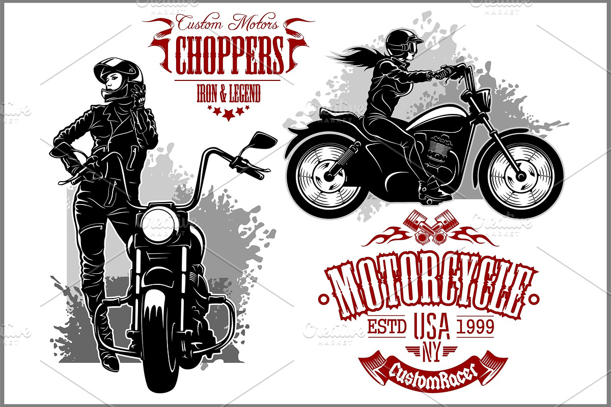 Girls ride a motorbike. Biker party in Illustrations - product preview 8