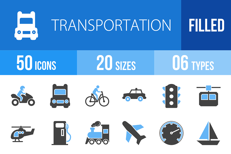 50 Transport Blue & Black Icons