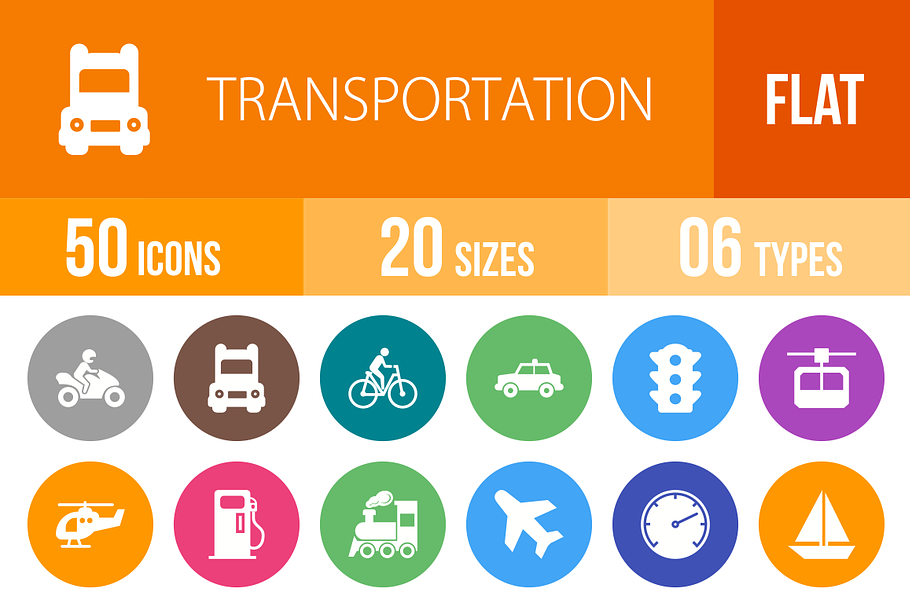 50 Transport Flat Round Icons