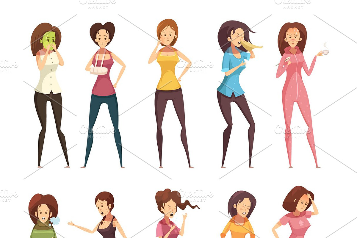 Sickness woman cartoon icon set in Icons - product preview 8