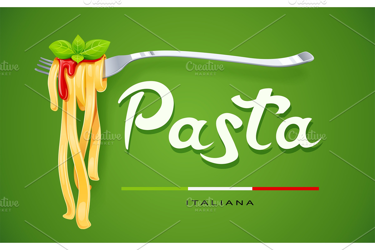 Pasta at fork with basil and sauce. in Illustrations - product preview 8