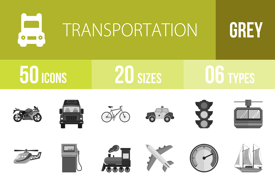 50 Transport Greyscale Icons