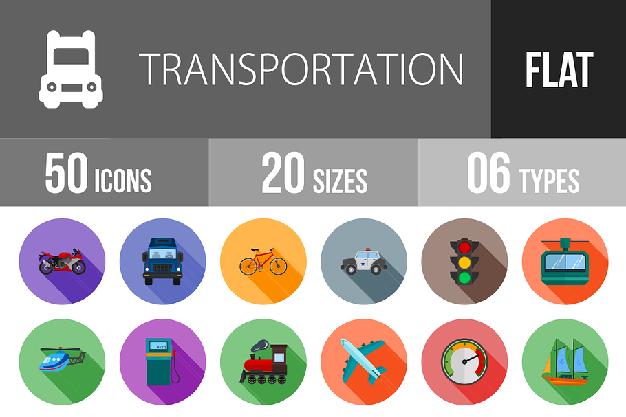 50 Transport Flat Shadowed Icons
