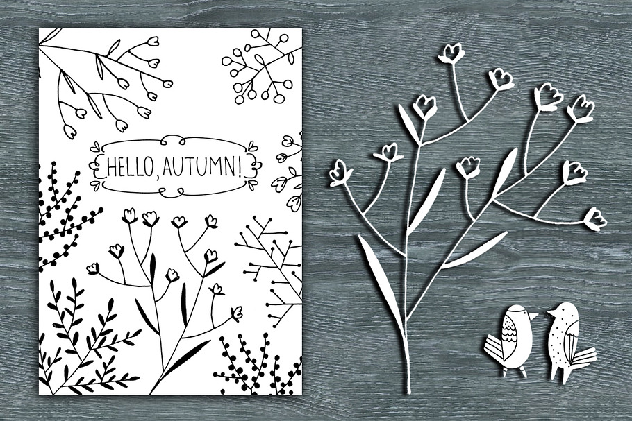 Hello Autumn line art card&clipart