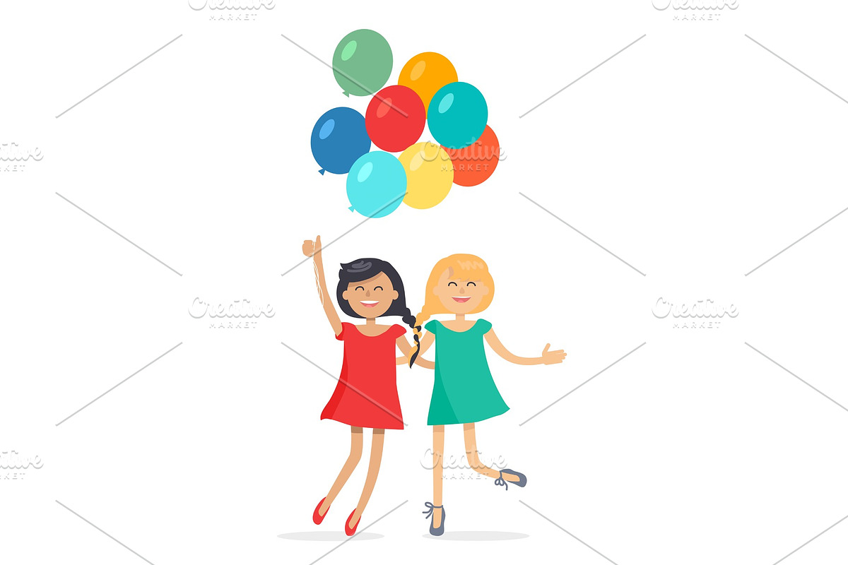 Happy Girls with Colorful Balloons in Illustrations - product preview 8