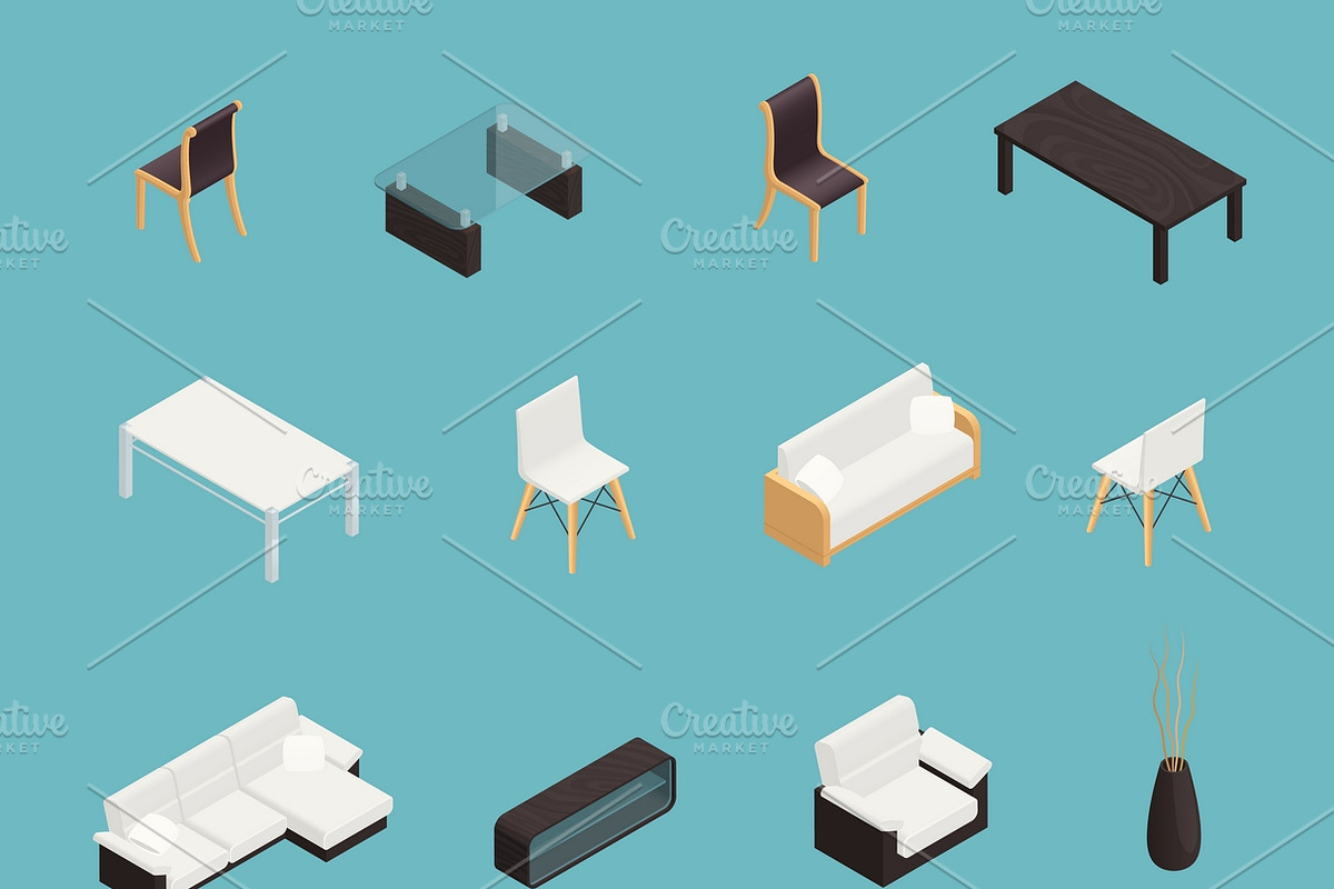 Dining room interior isometric icons in Icons - product preview 8