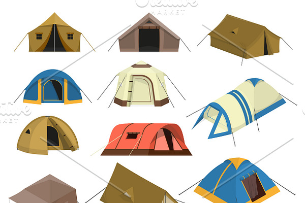 Set of colorful tourist tents