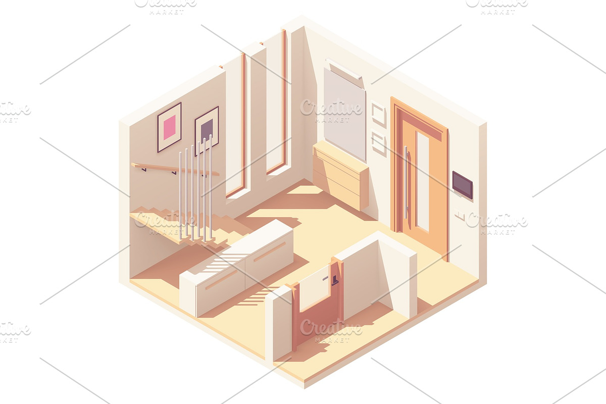 Isometric hallway with staircase in Illustrations - product preview 8