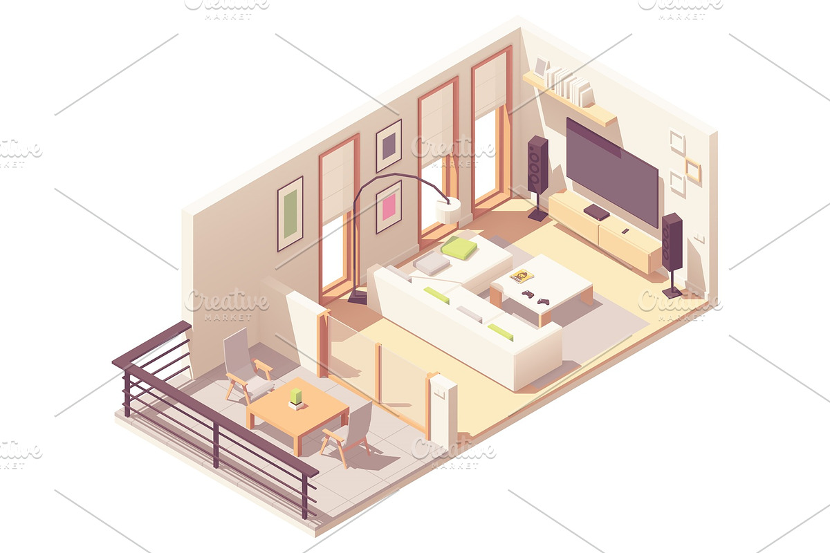 Vector isometric living room in Illustrations - product preview 8