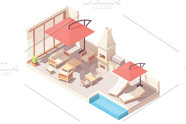 Isometric patio with barbecue