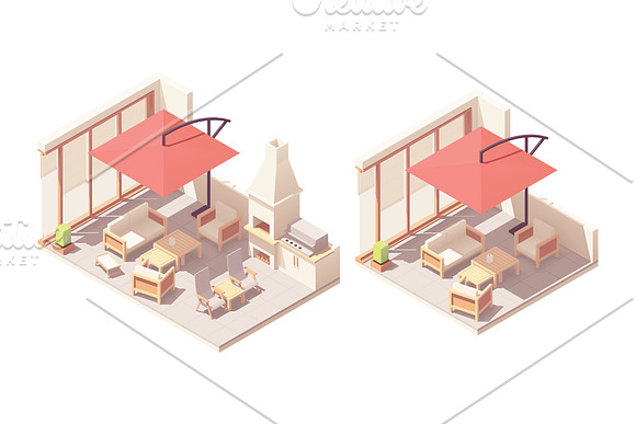 Isometric patio with barbecue in Illustrations - product preview 1