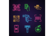 Barcodes neon light icons set
