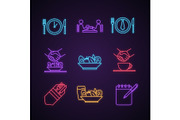 Business lunch neon light icons set