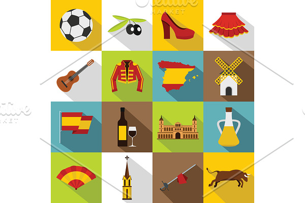 Spain travel icons set, flat style