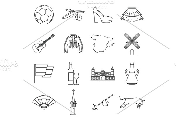 Spain travel icons set, outline