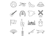Spain travel icons set, outline