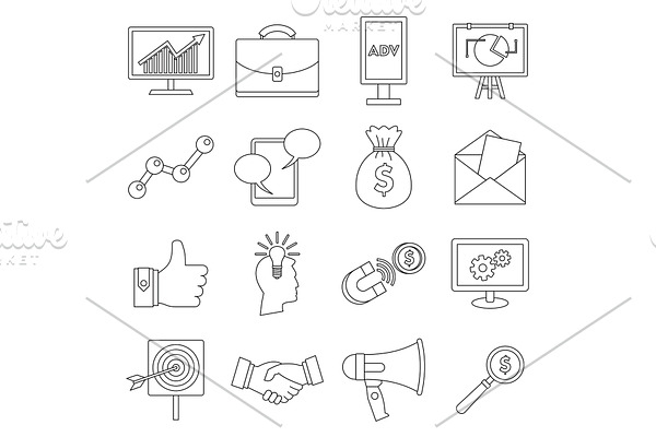 Marketing items icons set, outline