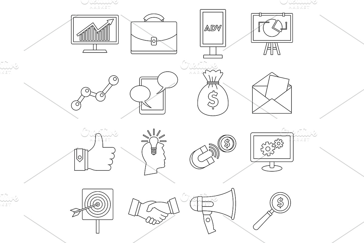 Marketing items icons set, outline in Illustrations - product preview 8
