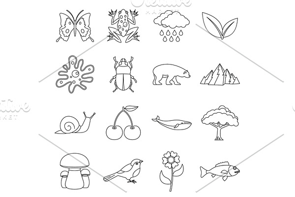 Nature items icons set, outline