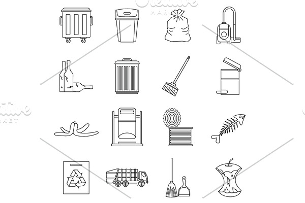 Garbage thing icons set, outline