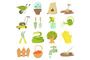 Gardener tools icons set, cartoon