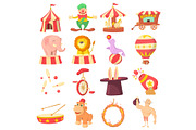 Circus icons set, cartoon style