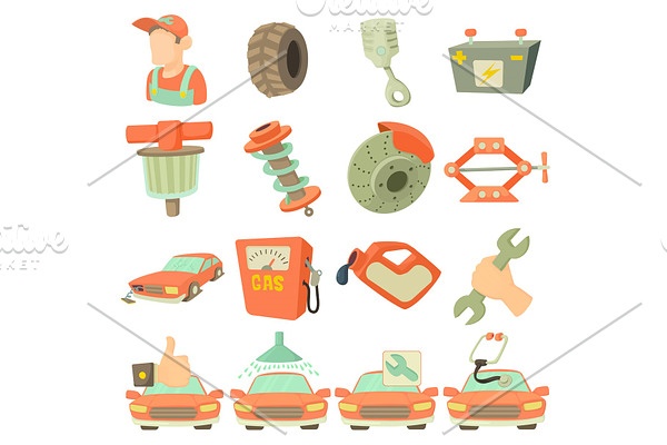 Car repair items icons set, cartoon