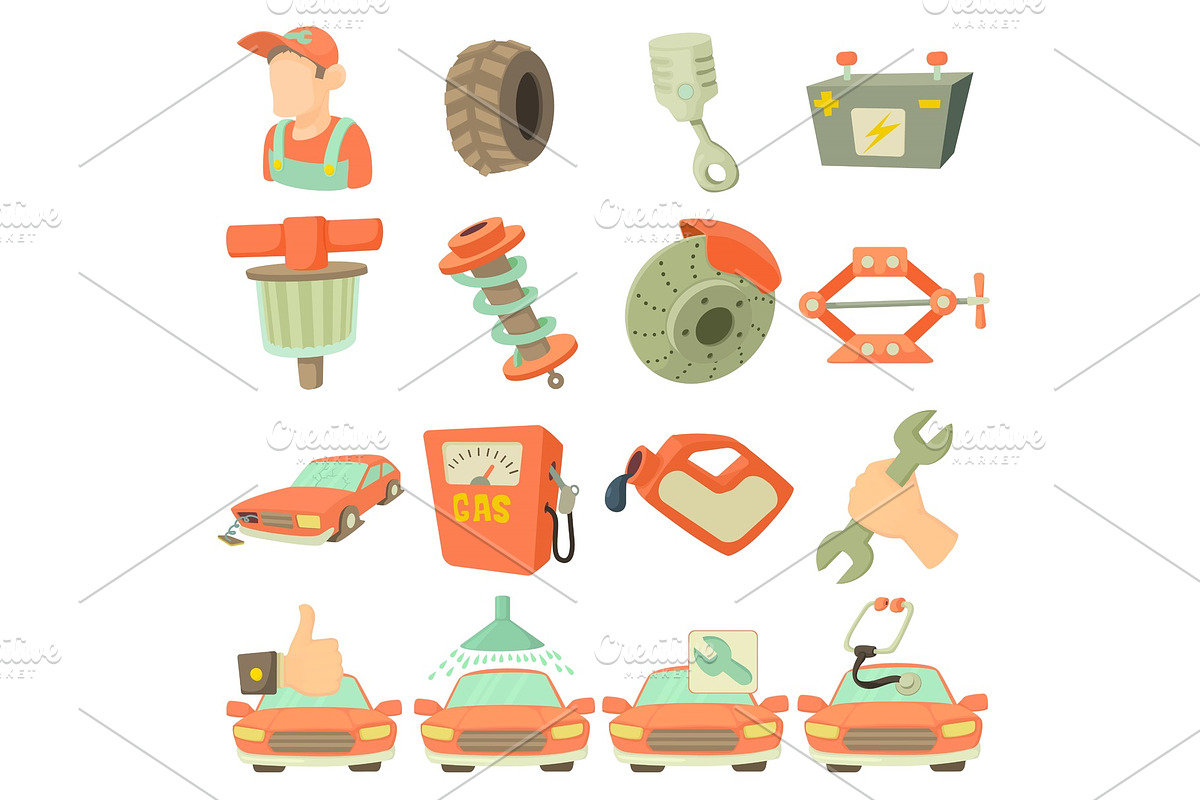Car repair items icons set, cartoon in Illustrations - product preview 8