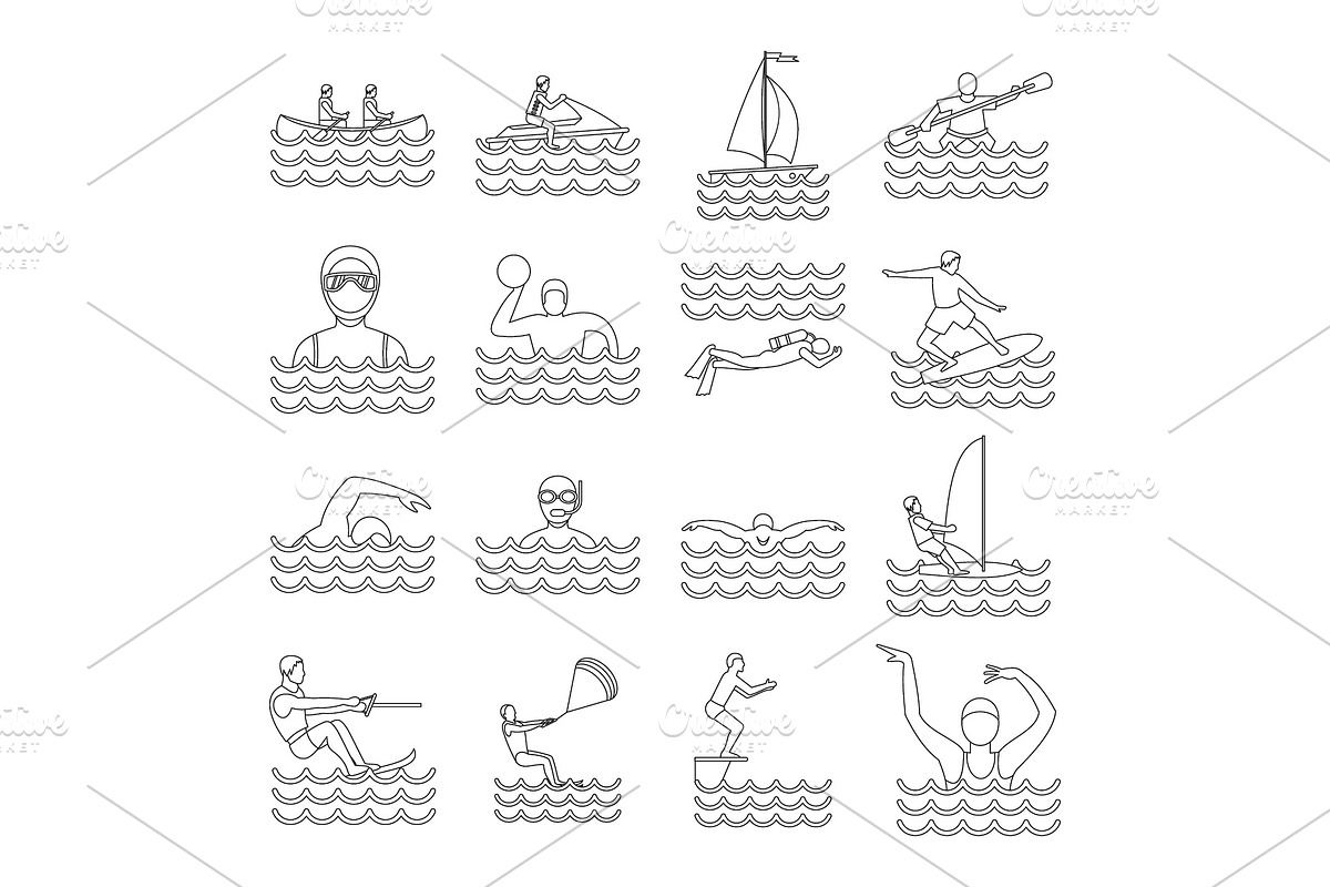 Water sport icons set, outline style in Illustrations - product preview 8
