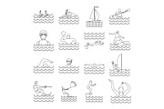 Water sport icons set, outline style