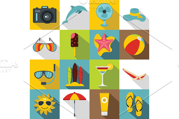 Summer rest icons set, flat style