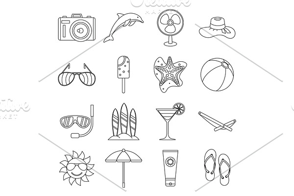 Summer rest icons set, outline style