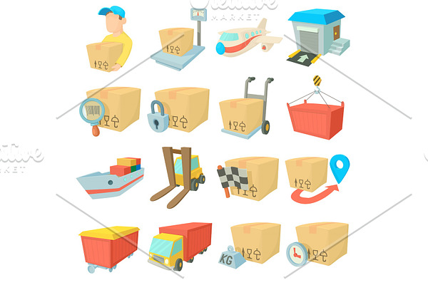 Cargo logistics icons set, cartoon