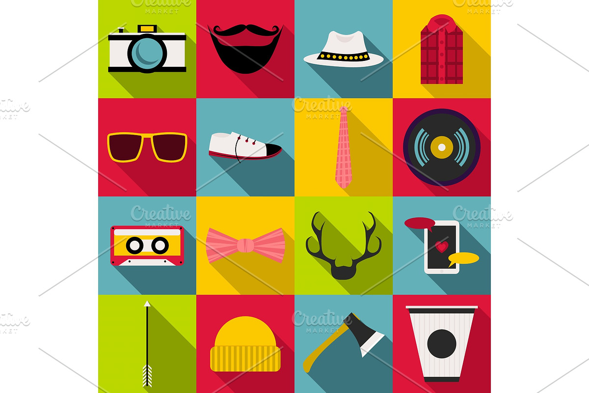 Hipster items icons set, flat style in Illustrations - product preview 8