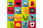 Hipster items icons set, flat style