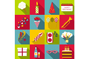 Happy birthday icons set, flat style