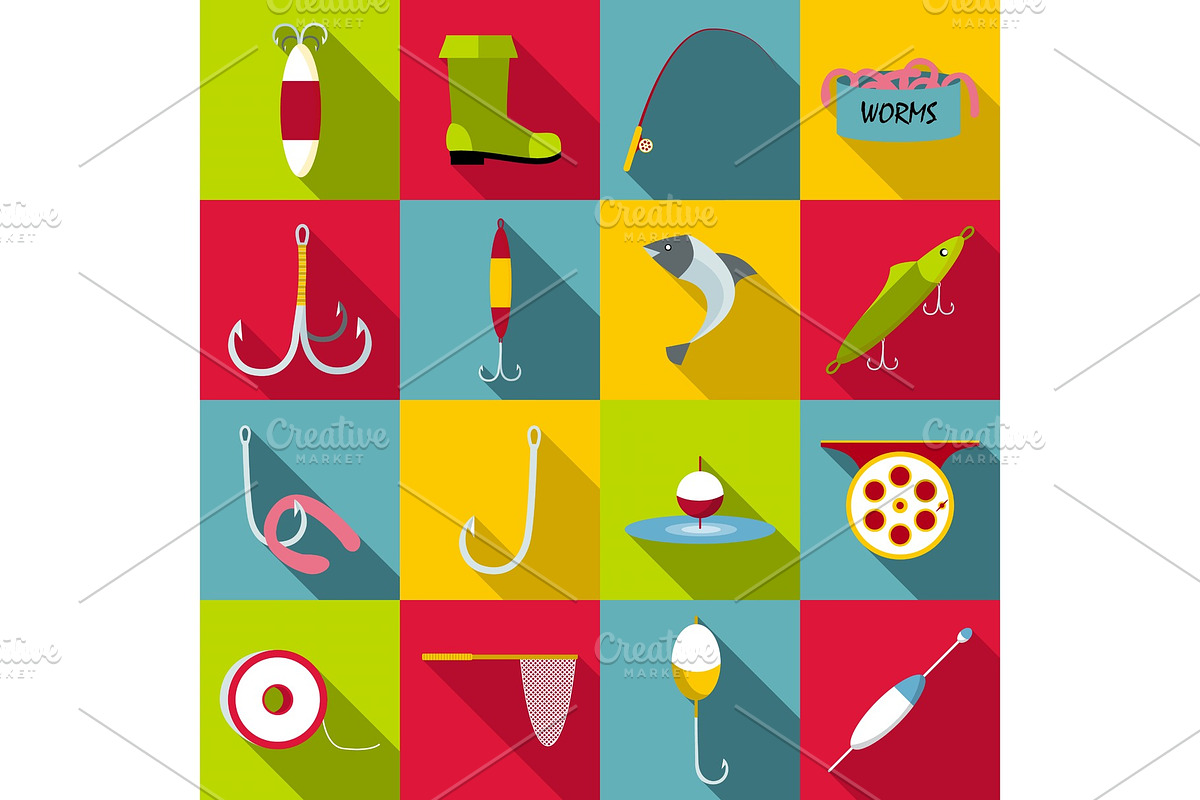 Fishing tools items icons set, flat in Illustrations - product preview 8