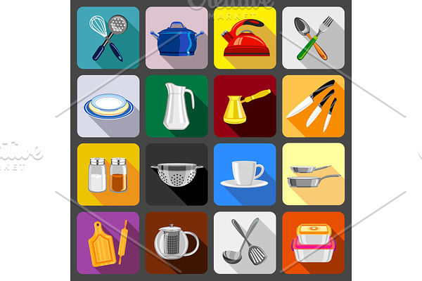 Kitchenware dishes icons set, flat