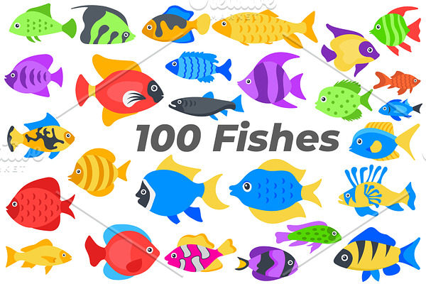 100 Flat Fishes Vector Icons