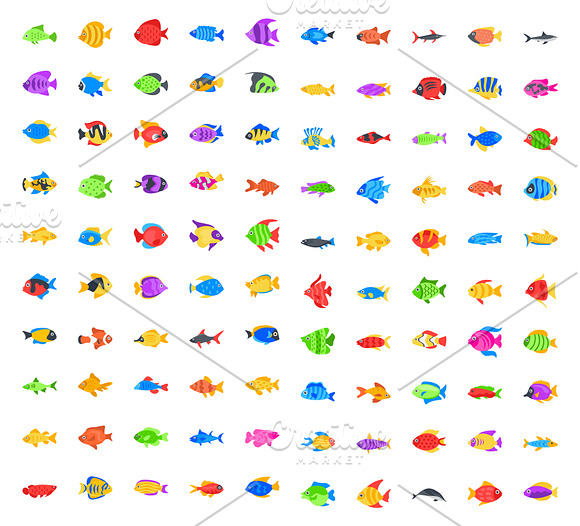 100 Flat Fishes Vector Icons in Icons - product preview 1