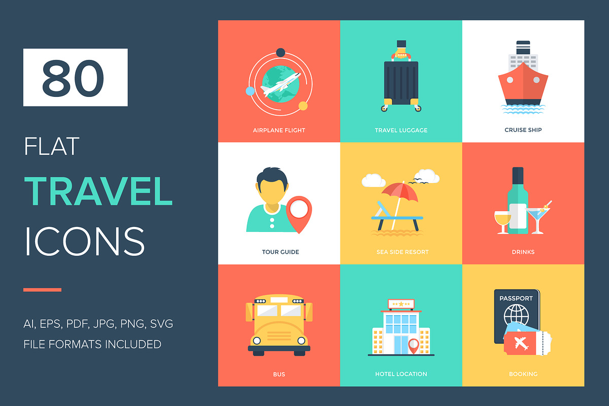 80 Flat Travel Icons in Icons - product preview 8