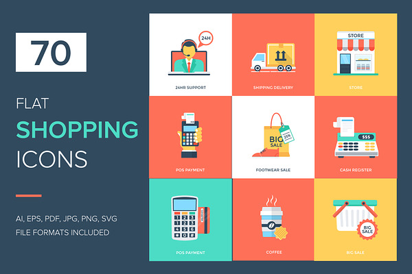 70 Flat Shopping and Commerce Icons